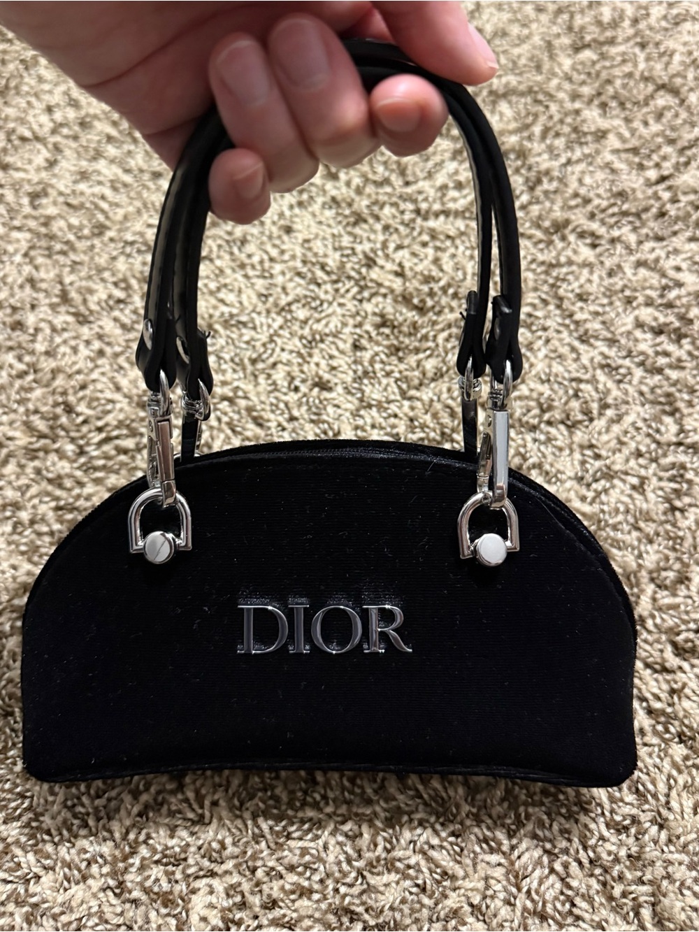 NEW Dior Beauty Black Velvet Mini Handle Pouch Bag with Silver Logo